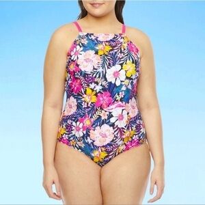 NWT Decree Navy Blue with Pink Floral Print One Piece Swimsuit Size 3X